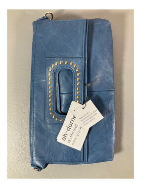 Adorned Denim Blue Faux Leather Clutch - Studded Handle, Foldover Design
